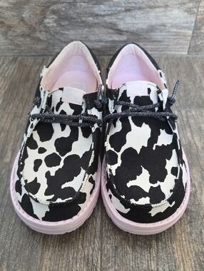 Hey Dude Cow Print Slip-On Sneakers with Pink Trim